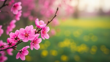 Obraz premium Close-up shot of beautiful pink peach blossoms on a branch in spring.