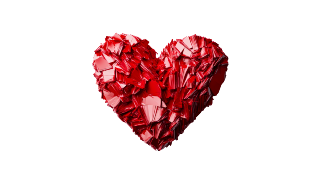 Red glossy geometric heart, love concept art, isolated object, cut out transparent