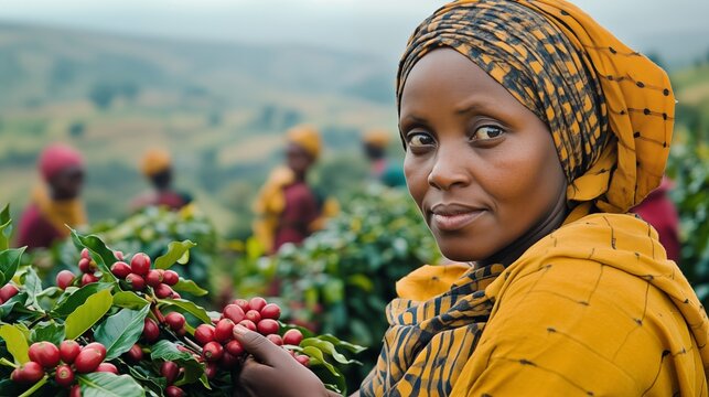 Eine kenianische Frau in gelber Kleidung mit Kopftuch erntet auf einer Kaffeeplantage reife rote Kaffeebeeren