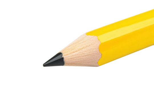 Close-up of a sharp yellow pencil on white background, cut out