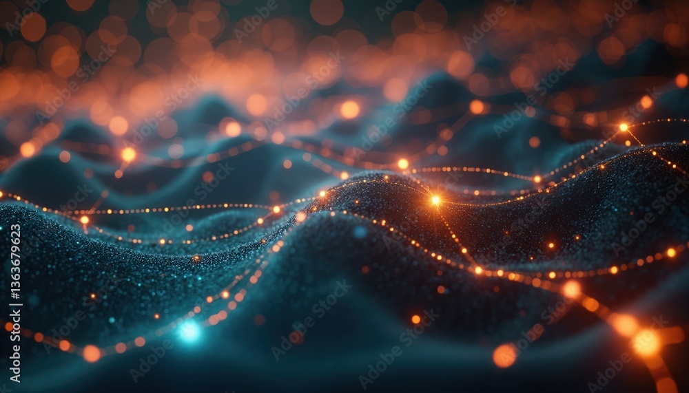 Poster abstract digital illustration of glowing nodes, connecting lines. vibrant colors, dynamic compositio