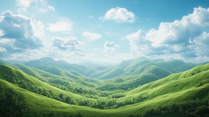 Naklejka premium Lush green hills meet a bright blue sky dotted with fluffy white clouds. This serene landscape is perfect for travel and nature themed projects.