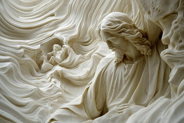 The temptations of Jesus Christ in the desert by the devil. Marble statue. Copy space.