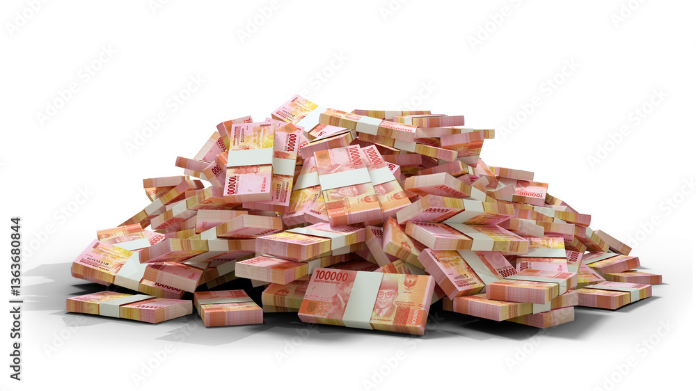 Poster 3d rendering of stacks of indonesian rupiah notes. bundles of indonesian currency notes isolated on 