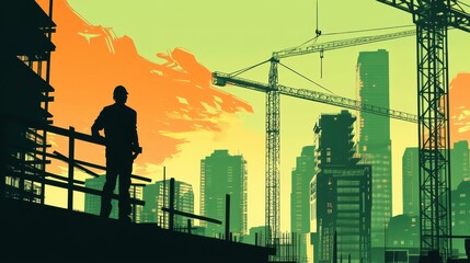 Silhouette of a construction worker with cranes in the city, cartoon style. Ideal for illustrating industry growth, construction or urban development project.