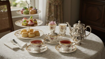 Fototapeta premium Elegant afternoon tea setup with pastries, scones, tea cups, and silverware.