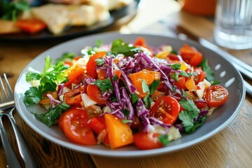 Closeup of a plate with a colorful salad, including tomatoes and cabbage.