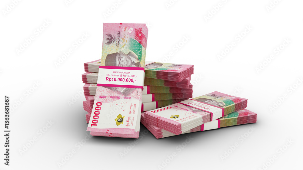 Poster 3d rendering of stack of indonesian rupiah notes. few bundles of indonesia currency isolated on whit