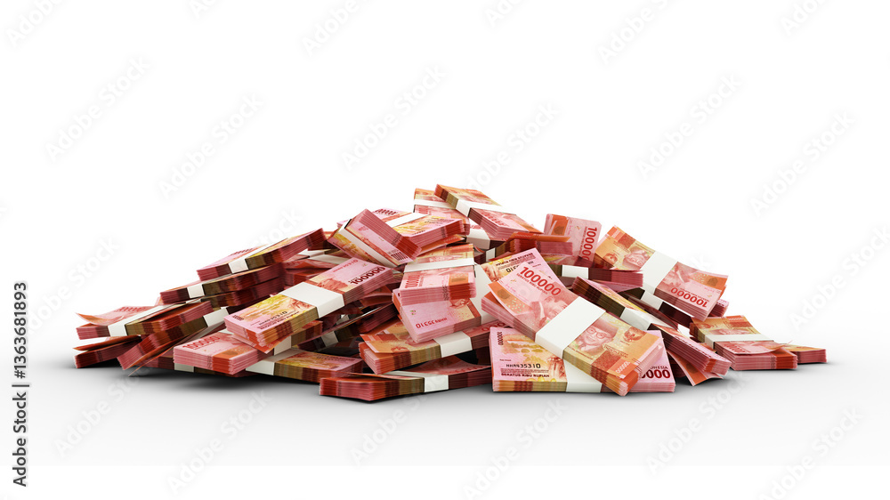 Poster 3d rendering of stacks of indonesian rupiah notes. bundles of indonesian currency notes isolated on 