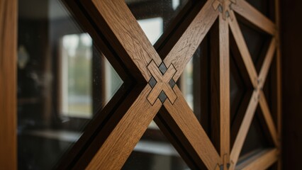 Obraz premium Close-up of a wooden door with a decorative geometric pattern and glass panes.