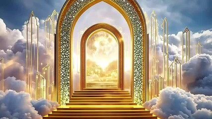 Golden stairs rising through clouds to arched gates revealing bright light. Serene, divine - Powered by Adobe
