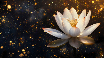 A stunning white lotus blooming gracefully against a starry backdrop of gold and black hues. Natures Alchemy. Illustration