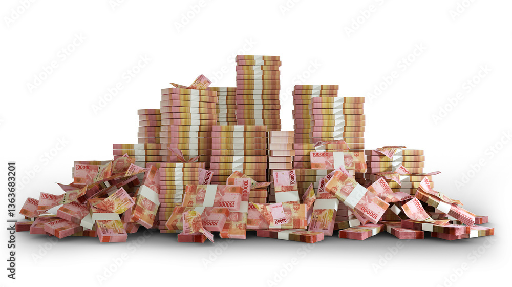 Aufkleber big stacks of indonesian rupiah notes. a lot of money on transparent background. 3d rendering of bun