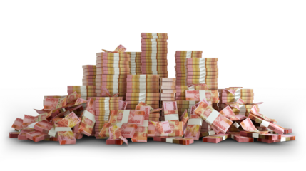 Big stacks of Indonesian rupiah notes. A lot of money  on transparent background. 3d rendering of bundles of cash