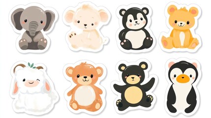 Fototapeta premium Adorable baby animals stickers; nursery decor; playful designs; crafting supplies