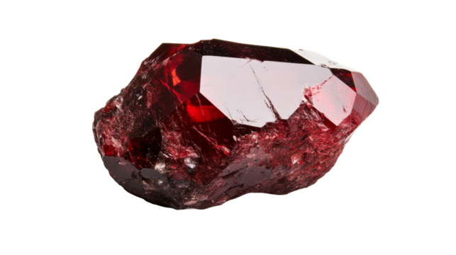 Red crystal mineral specimen on black background, cut out transparent
