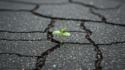 Obraz premium A lone sprout pushes through the cracks of a broken asphalt surface.