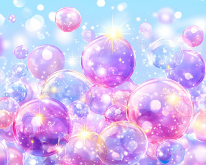 Pastel-colored translucent bubbles floating on a light blue background with sparkles