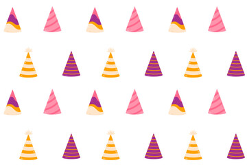 Vector seamless pattern with assorted party hats in pink, purple, yellow, and orange tones. Perfect for birthday decorations and wrapping.