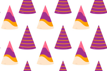 Vector seamless pattern with striped purple and yellow party hats on a white background. Great for party decorations and wrapping paper.