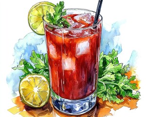 Refreshing Bloody Mary Cocktail Watercolor Painting