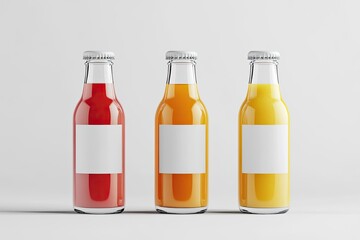 Three clear glass bottles, filled with colorful juices, each with a blank label