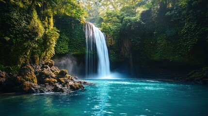 Serene jungle oasis: Bali's breathtaking waterfall and turquoise pool landscape