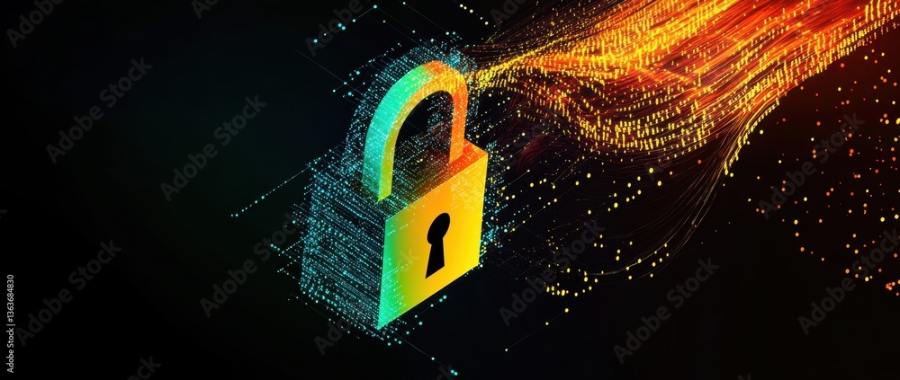 Poster an isometric view of an abstract lock symbol with binary code and digital data flowing around it, pr