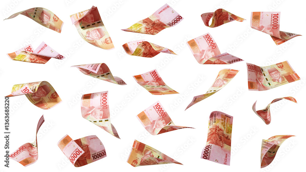 Aufkleber 3D rendering of Set of 100000 indonesian rupiah notes flying in different angles and orientations isolated on transparent background. currency of United states
