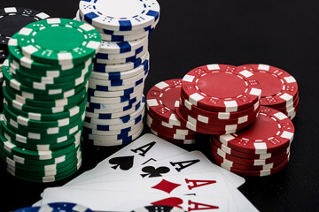 Casino chips and cards on the table. Gambling concept