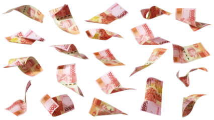 3D rendering of Set of 100000 indonesian rupiah notes flying in different angles and orientations isolated on transparent background. currency of United states
