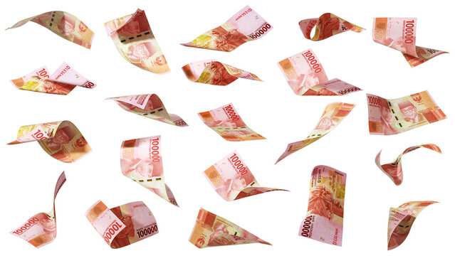 3D rendering of Set of 100000 indonesian rupiah notes flying in different angles and orientations isolated on transparent background. currency of United states
