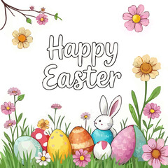 abstract illustration of happy easter eggs and bunnies flower writing