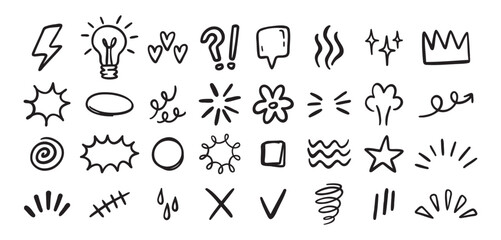 Expression sign hand drawn doodle set for concept design. Expression elements isolated on white background.
