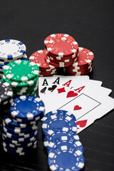 Casino chips and cards on the table. Gambling concept