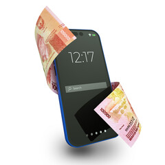 100000 Indonesian rupiah notes moving flying wrapped around mobile smart phone isolated on a transparent background. Online Mobile money wallet concept 