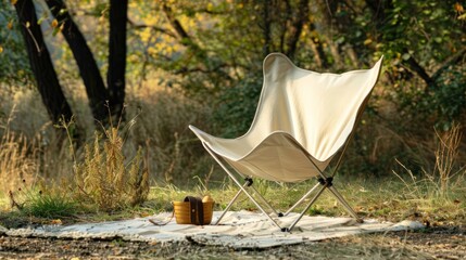 Outdoor Relaxation Foldable Chair in a Serene Natural Setting with Picnic Essentials