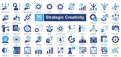 Strategic Creativity icon set in two color style, featuring 50 icons on innovation, leadership, adaptability, and business transformation. Ideal for strategy planning, market analysis, and growth.