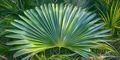 Fototapeta premium A tropical plant with large, fanned leaves in a sunlit forest.