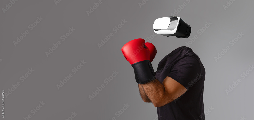 Poster user participates in a virtual reality boxing experience while wearing goggles and red gloves. the a