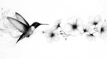 Obraz premium Black-and-white image of a flying hummingbird amidst blooming flowers against a white background