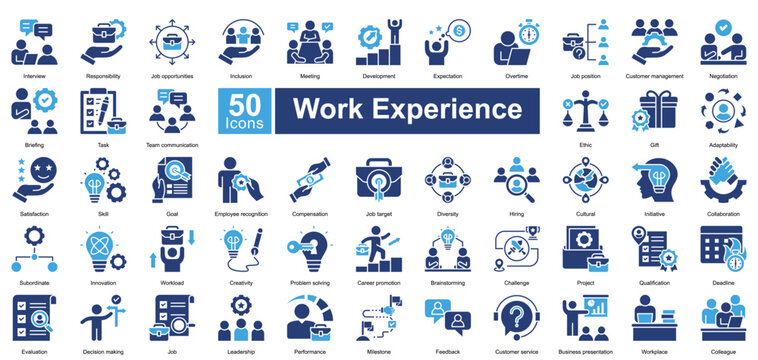 Work Experience icon set in two color style, featuring 50 icons of career growth, job roles, teamwork, and professional skills. Perfect for HR, employee training, and workplace management.