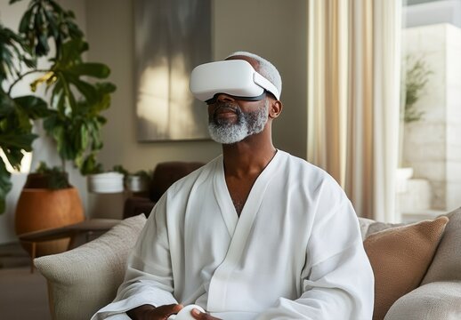 Exploring new dimensions of reality, a senior individual experiences virtual worlds from a cozy home setting