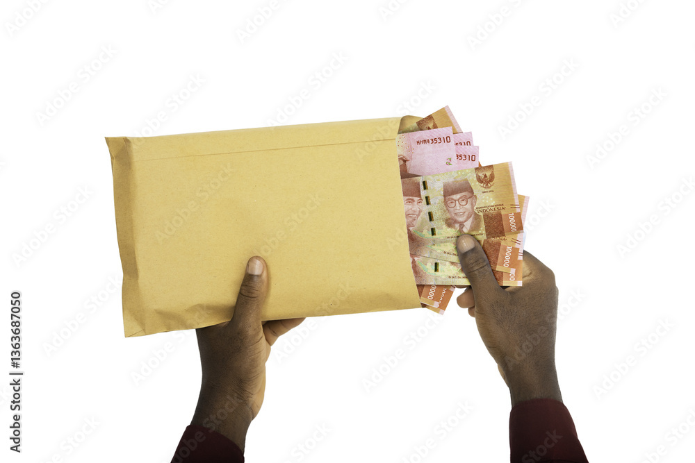 Poster 3d rendering of stacks of indonesian rupiah notes. bundles of indonesian currency notes isolated on 