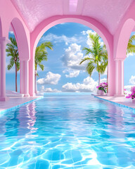Pink archway leads to tranquil pool & tropical view