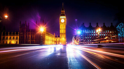 Fototapeta premium Night view of iconic clock tower and parliament buildings with light trails