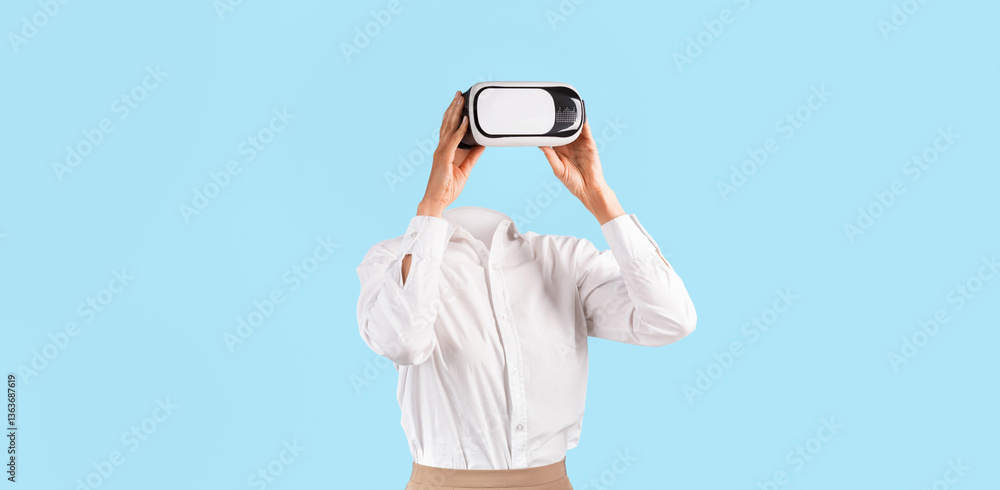 Aufkleber A user engages with a virtual reality headset, experiencing technology without visible identity. They are in a simple, isolated environment, emphasizing the gadget's modern appeal.
