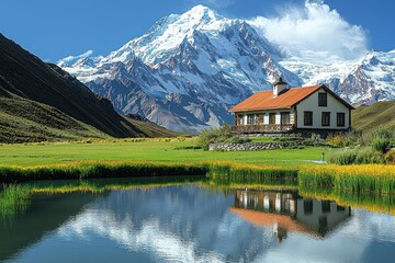 Fototapeta premium Majestic Mountain Retreat: A Serene Lakeside Escape