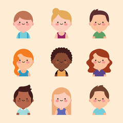 Cute Kawaii Male and Female Avatar Set in Flat Style