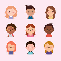 Cute Kawaii Male and Female Avatar Set in Flat Style